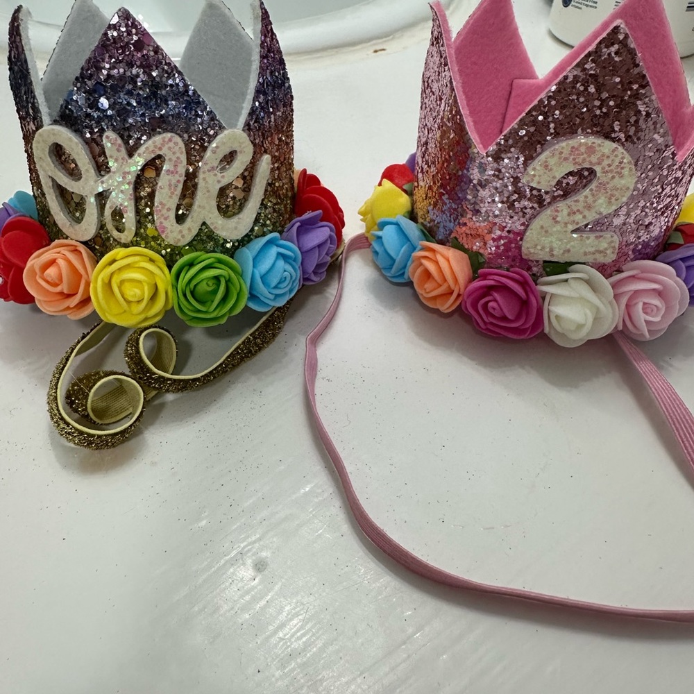 Glitter Birthday Crowns with Rainbow Flowers